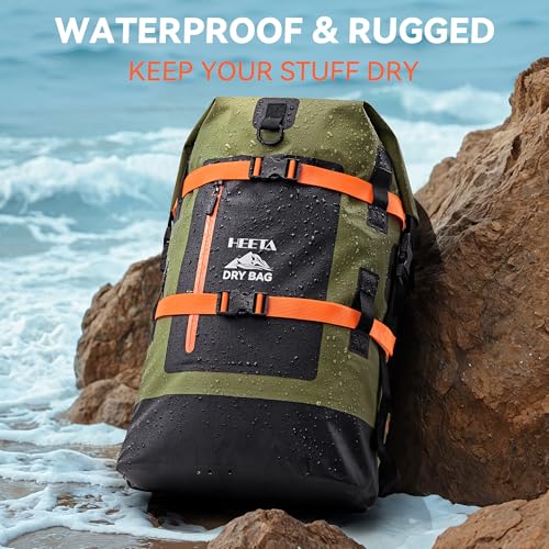 HEETA Dry Bags Waterproof Backpack 40L for Men & Women, Roll Top Heavy Duty Cushioned Hiking Backpack for Kayaking Boating Paddle Boarding Fishing Travel Camping Beach Vacation Cruise Ship Essentials - color: Green