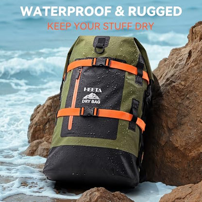 HEETA Dry Bags Waterproof Backpack 40L for Men & Women, Roll Top Heavy Duty Cushioned Hiking Backpack for Kayaking Boating Paddle Boarding Fishing Travel Camping Beach Vacation Cruise Ship Essentials - color: Green