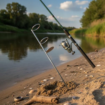 Heavy Duty Iron Fishing Rod Holder with Ground Spike, 17.7 Inch Vertical Bank Stick for Surf Casting on Sand and Soil, Silver