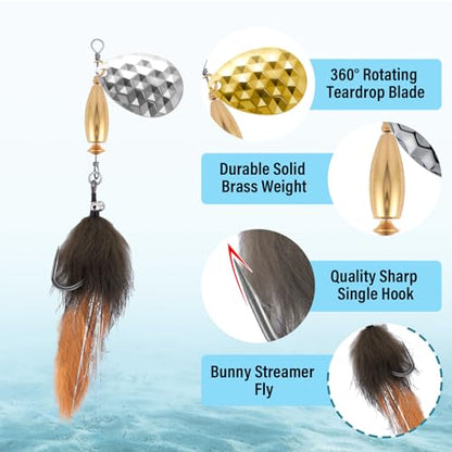 Dr.Fish 5 Pack Fishing Spinner, Bunny Streamer Fly Spinner Inline Spinnbait 7/16oz with Feathered Roostertail Single Hook for Bass Trout Salmon Fishing Lure Kit Freshwater & Saltwater
