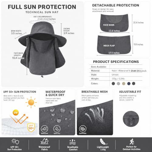 Sun Hat Bucket Hats for Men Women,Outdoor Wide Brim Fishing Hat with Detachable Face Cover & Neck Flap UV Protection - color: Deepgrey