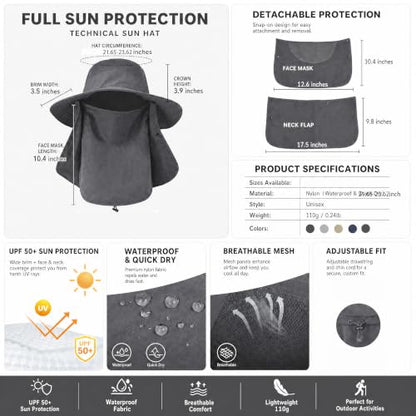 Sun Hat Bucket Hats for Men Women,Outdoor Wide Brim Fishing Hat with Detachable Face Cover & Neck Flap UV Protection - color: Deepgrey