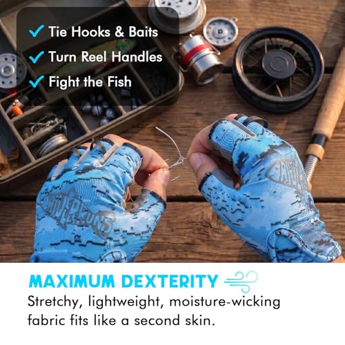 Riverruns SwiftShield Fishing Gloves Shortened Wrist UPF50+ Sun Gloves Fingerless Lightweight Breathable Hiking Driving Kayaking Paddling - color: CamoBlue, size: Large