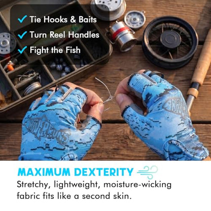 Riverruns SwiftShield Fishing Gloves Shortened Wrist UPF50+ Sun Gloves Fingerless Lightweight Breathable Hiking Driving Kayaking Paddling - color: CamoBlue, size: Large
