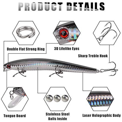 Saltwater Fishing Lures Kit,6pcs Jerkbaits Striped Bass Fishing Lure Hard Minnow Lures Surf Fishing Jerkbait Popper Plugs Striper Lures Inshore Offshore Saltwater Fishing Lures Set