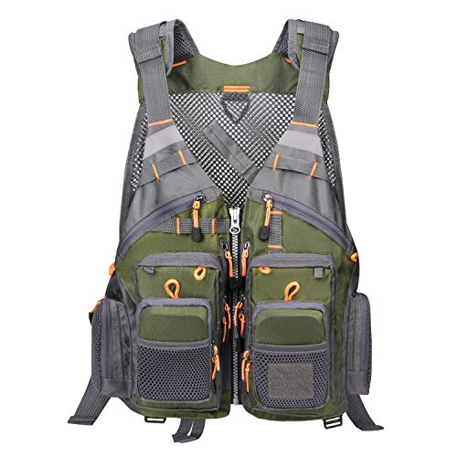 Gonex Fly Fishing Vest for Men Women, Comfortable Adjustable Fishing Vest with Multi-Pockets Reflective Stripes - color: Green+gray