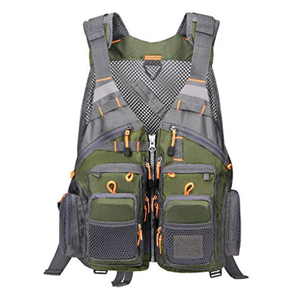Gonex Fly Fishing Vest for Men Women, Comfortable Adjustable Fishing Vest with Multi-Pockets Reflective Stripes - color: Green+gray