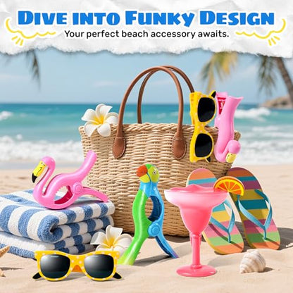 8 Pcs Towel Clips for Beach Chairs, Jumbo Size Beach Towel Clips Windproof Grip Secure Hang Towel Holder Clothes Pins Decorative Towel Clips for Pool, Cruise, Patio, Holiday Travel(Flamingo Style) - style: Style:Flamingo+Parrot+Sunglasses+Cocktail