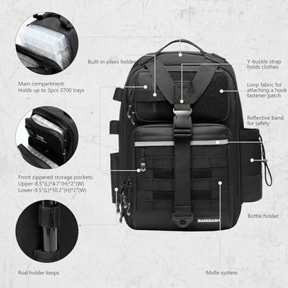 BASSDASH Convertible Fishing Backpack Sling Bag with Rod Holder, Adjustable Tactical Water-Resistant Tackle Storage Pack FP07 - color: Black, size: Large