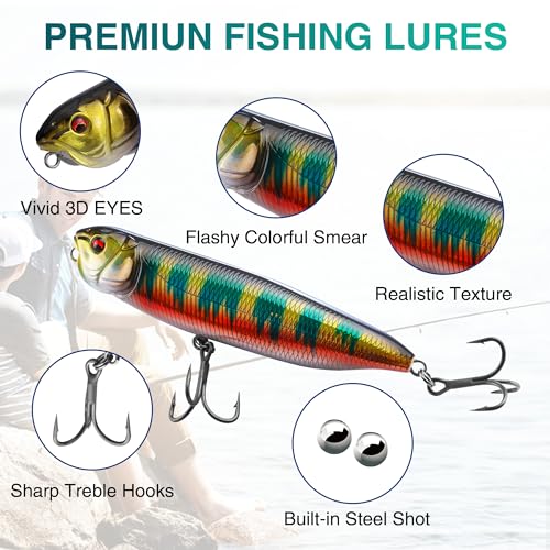 FLISSA 5PCS Top Water Fishing Lures Kits, Bass Fishing Lures for Freshwater & Saltwater, Realistic Hard Bait, Popper Fishing Lure with Treble Hooks for Trout, Bass, Salmon, Walleye Fishing