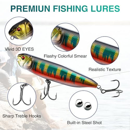 FLISSA 5PCS Top Water Fishing Lures Kits, Bass Fishing Lures for Freshwater & Saltwater, Realistic Hard Bait, Popper Fishing Lure with Treble Hooks for Trout, Bass, Salmon, Walleye Fishing