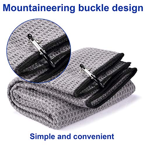 2 Pack 16" x 24" Tri-fold Golf Towel Set, Microfiber Fabric Waffle Pattern Towels, Heavy Duty Carabiner Clip (2 Pcs, 2 Colors) - color: 1: All Black + Grey (Black Edge)