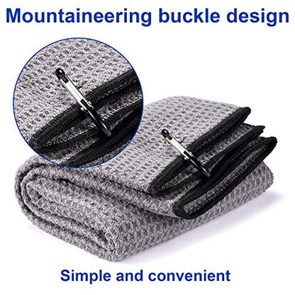 2 Pack 16" x 24" Tri-fold Golf Towel Set, Microfiber Fabric Waffle Pattern Towels, Heavy Duty Carabiner Clip (2 Pcs, 2 Colors) - color: 1: All Black + Grey (Black Edge)