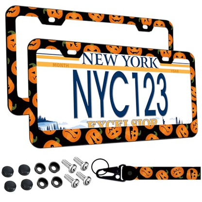 2-Pack Halloween Pumpkins License Plate Frames, 2 Holes Aluminum License Plate Holder for Women Man, License Plate Cover fits US Vehicles 12.3" x 6.3" with Screws Caps & Keychain - color: Halloween-Pumpkins, size: 2PCS