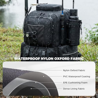 WANOON Fishing Backpack 45L with 4 Tackle Boxes | Durable & Comfortable, Waterproof Insulated Bait Pocket, 4 Rod Holders - color: Black, size: 45L-With Tackle Boxes