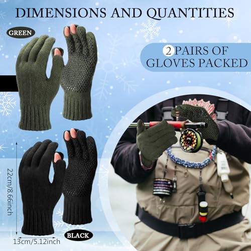 Geyoga 2 Pairs Wool Fingerless Fishing Gloves for Men Women Anti-Slip with Grip Dots Warm Winter Fly Ice Fishing Gloves - color: Black and Green, style: 3 Cut Fingers