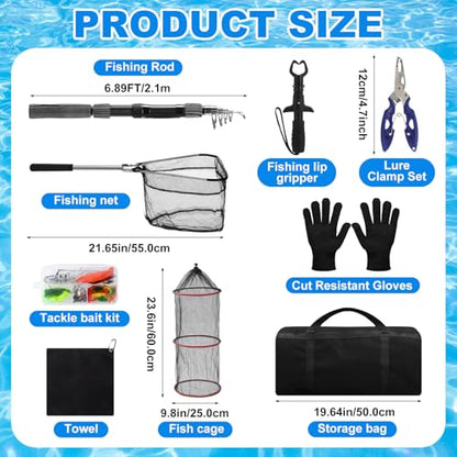 51 Pcs Fishing Rods Combo 6.89ft Telescopic Freshwater Pole Set with Plier Lip Gripper Lures Carrier Bag Pre Loaded Spinning Reel with Freshwater Rod Reel Kit Father Men Gift - color: Brown