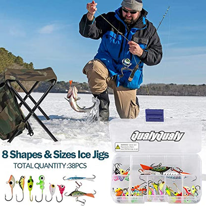 QualyQualy Ice Fishing Rod Reel Combo Complete Set Ice Fishing Gear with Backpack Seat Ice Cleats Ice Fishing Jigs Line Full Ice Fishing Kit 24" 26" - style: Spinning Reel Combo