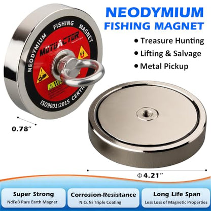 MUTUACTOR Powerful Fishing Magnet Kit Heavy Duty,1400lbs Φ4.21” Permanent Neodymium Magnets,Rare Earth Magnets with 65FT Rope Gloves for Treasure Hunting Metal Retrieval Underwater Searching - style: 1400lb Magnet with Box--Φ 4.21"