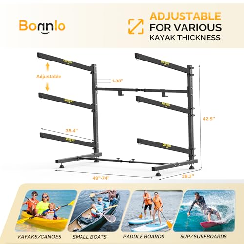 Bonnlo Kayak Storage Rack, Adjustable Heavy Duty Kayak Rack for Kayaks Paddle Boards, Kayak Paddle Holder for Garage, Spacesaver, Gentle on Padding, Boat Organizer - style: 3 Kayaks, Free Standing(Londger Arms)