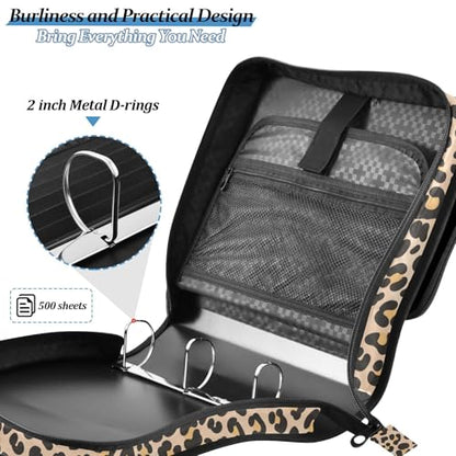 Brown Leopard Zipper Binder Bag 3 Ring with Shoulder Strap Zippered Binder Fits 13 Inch Laptop File Folder Document Organizer for College Office Supplies - color: Brown Leopard