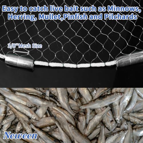 Neween Cast Net, American Saltwater Cast Nets for Fishing, 3ft-10ft Radius Casting Net for Bait Fish, 3/8 Inch Professional Grade Monofilament Throw Nets for Fishing Bait with Heavy Duty Sinker - size: 8 ft Radius, style: Monofilament Lines Cast Net