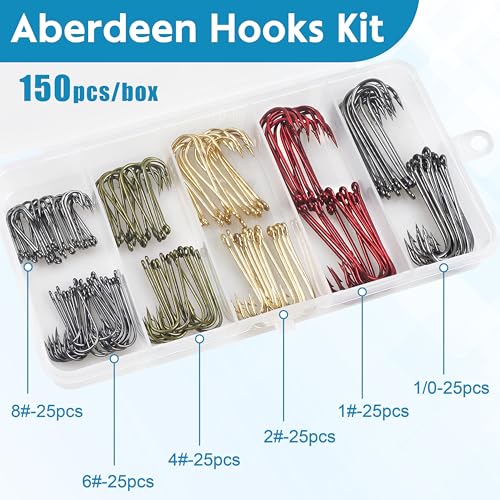 Crappie Hooks Panfish Fishing Hook Set,150pcs Aberdeen Crappie Hooks Long Shank Jig Fishing Hooks Offset Light Wire Fishing Hooks High Carbon Steel Freshwater Bass Catfish Trout