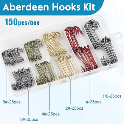 Crappie Hooks Panfish Fishing Hook Set,150pcs Aberdeen Crappie Hooks Long Shank Jig Fishing Hooks Offset Light Wire Fishing Hooks High Carbon Steel Freshwater Bass Catfish Trout
