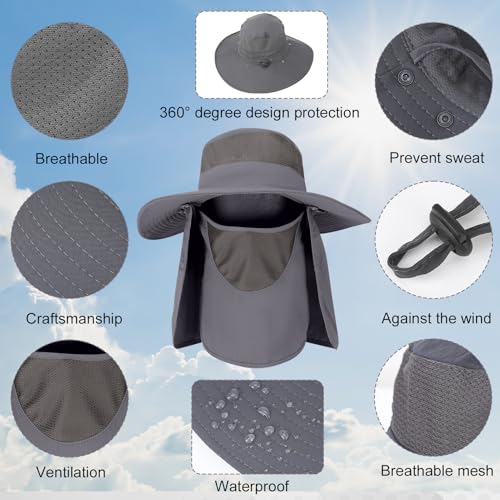 4 Pack Sun Hats for Men Women UPF 50+ Wide Brim Fishing Bucket Hat Summer Outdoor UV Protection Adjustable Neck Flap - color: Light Gray, Gray, Blue, Green