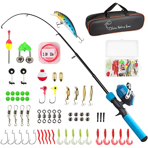 Kids Fishing Pole Kit, 59'' Telescopic Rod and Reel Beginner Combo with Spincast Reel,Tackle Box, Carrier Bag,Fishing Gear for Boys,Girls, Toddler,Youth - color: Blue+Black