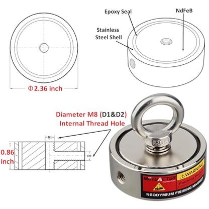 MUTUACTOR Double-Sided Fishing Magnet Kit,Combined 760lbs Fishing Magnets Heavy Duty,Φ2.36''Permanent Neodymium Rare Earth Magnet with 65Ft Salvage Rope Sturdy Gloves Bag for Recovery Treasures - style: 760lb Magnet(Double Sided)--Φ 2.36"