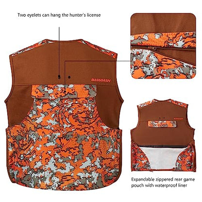 BASSDASH Upland Game Field Water-Resistant Bird Hunting Vest with Multi Pockets Men Women FV11 - color: Brown/Flame Camo, size: XX-Large