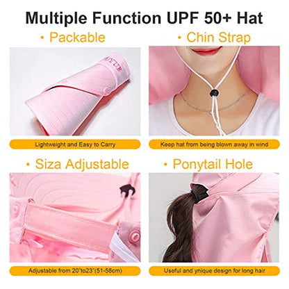 Women Wide Brim Face Mask Sun Hat Detachable Neck Face Flap Ponytail UV Protection Visor Hat Garden Fishing Hiking - color: A8-shun005-qianlan
