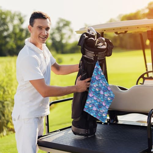 Blue Pink Fish Scale A Print Golf Towel, Microfiber Golf Towels for Bags with Carabiner Clip 16 x 24 inches, Men Womens Golfs Accessories