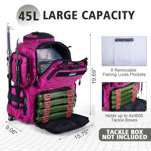 Goture Fishing Backpack, 900D Water-Resistant Tackle Backpack with Rod Holders, 45L Large Fishing Bag Storage Gear Tackle Bag with 8 Lure Pockets, Rain Cover for Camping Hiking(Without Tackle Box) - color: 45L Bling Pink with 8 Lure Pockets