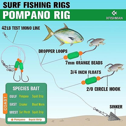 Pompano-Rigs-for-Surf-Fishing-Saltwater-Gear with Double Circle & Wide Gap Hook-6-Pack Surf Fishing Tackle - color: Green Floats 6-Pack, size: 2/0 Circle Hook