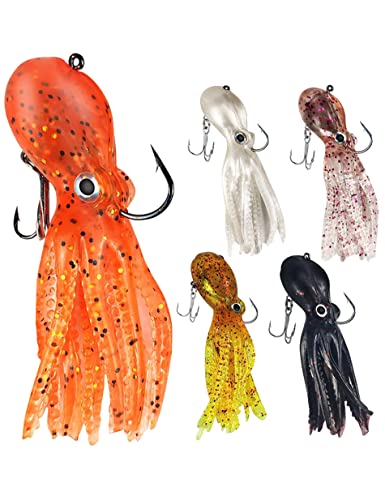 Octopus Swimbait Soft Fishing Lure with Skirt Tail - 3D Realistic Squid Bait Durable TPE Squid Jig Lingcod Rockfish Jigs for Saltwater Ocean Fishing, 5Pcs/Pack