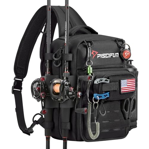 Piscifun Fishing Tackle Backpack, Convertible Sling or Waist Pack, 16-Pocket Storage Gear Bag with 2 Rod Holders & Rain Cover | 16 smart pockets, 2 rod holders, Rain cover, Breathable back support, Convertible sling/waist/backpack carry - color: Black