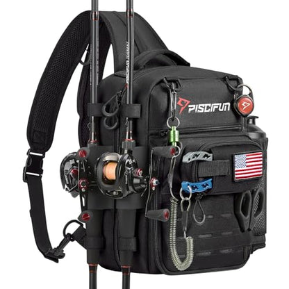 Piscifun Fishing Tackle Backpack, 3-Way Carry with Rod Holders | 16 smart pockets, 2 rod holders, Rain cover, Breathable back support, Convertible sling/waist/backpack carry - color: Black