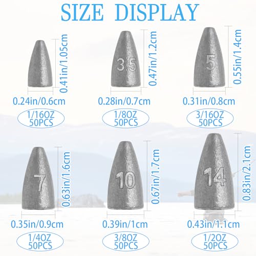 50Pcs Bullet Weights Sinkers Worm Weights for Bass Fishing | Fishing Weights Carolina Rig Weights Slip Sinker Texas Rigs Lead Weights For Saltwater Freshwater - size: 3/8oz-50pcs