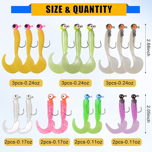 Grub Lures Fishing Jigs Head Hooks Kit- Crappie Jigs Soft Plastic Grub Tail Worm Lure Bait Buster Tubes Baits for Bass Trout Saltwater Freshwater Fishing - color: 17pcs kit