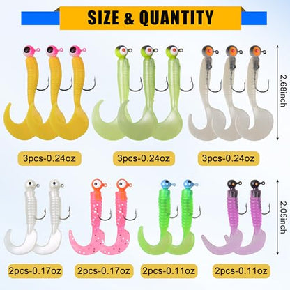 Grub Lures Fishing Jigs Head Hooks Kit- Crappie Jigs Soft Plastic Grub Tail Worm Lure Bait Buster Tubes Baits for Bass Trout Saltwater Freshwater Fishing - color: 17pcs kit
