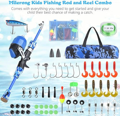 Milerong Kids Fishing Rod, Kids Fishing Pole Portable Telescopic Fishing Rod and Reel Combo Kit for Boys, Girls, Youth - with Spincast Fishing Reel, Fishing Tackles, Fishing Lures, Fishing Lines - color: Blue Fishing Rod Set 1.2m