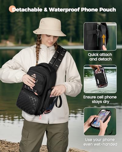 MATEIN Fishing Sling Bag with Phone Pouch, 3600 Tackle Box Backpack | Tackle Bag with Removable Bait Binder, Fishing Bag with Lure Rod Holder, Cooler Compartment, Waterproof, Women Fishing Gifts - color: Black-pink