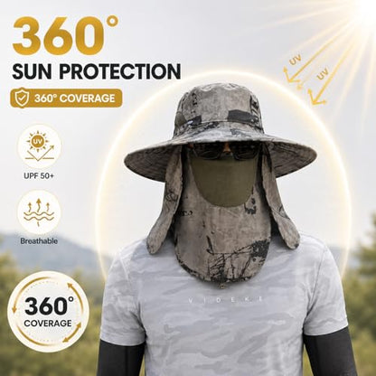 Sun Hat Unisex Face Coverage Shield Neck Flap Cap Garden Lawn Work Sports Hiking Fishing Hats - color: Khaki Ink Wash
