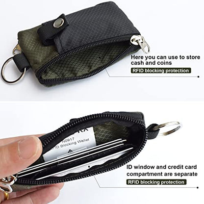 CHENSPRX Minimalist RFID Blocking Small Wallet with ID Window,WaterResistant Zip Id Case Wallet with Lanyard Keychain for Cards,Cash,Travel,Women,Men - color: Black+Army Green