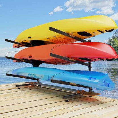 Bonnlo Kayak Storage Rack, Adjustable Heavy Duty Kayak Rack for Kayaks Paddle Boards, Kayak Paddle Holder for Garage, Spacesaver, Gentle on Padding, Boat Organizer - style: 3 Kayaks, Free Standing(Londger Arms)