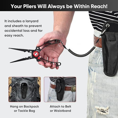 Fishing Pliers with Innovative Ergonomical Handle, Corrosion Saltwater Resistant,Fishing Multitool Hook Remover Braided Fishing Line Cutting, Split Ring with Coiled Lanyard and Sheath - color: Red&black-7.28"