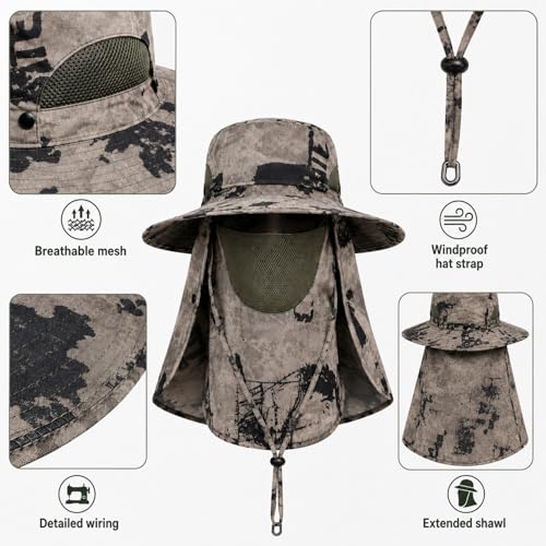 Sun Hat Unisex Face Coverage Shield Neck Flap Cap Garden Lawn Work Sports Hiking Fishing Hats - color: Khaki Ink Wash