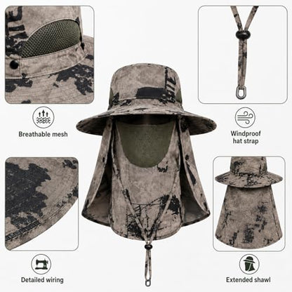 Sun Hat Unisex Face Coverage Shield Neck Flap Cap Garden Lawn Work Sports Hiking Fishing Hats - color: Khaki Ink Wash